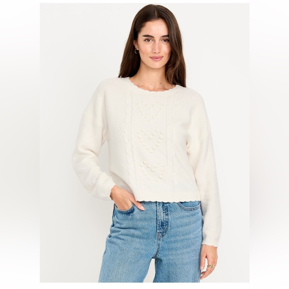 Old Navy SoSoft Bobble Heart Sweater Size S NWT Sea Salt Crew Neck Cozy - Picture 1 of 10